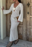Knit Deep V Neck Long Sleeve Hollow Out See-Through Vacation Beach Maxi Dresses