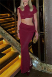 Sexy Sleeveless Oblique Collar Short Sleeve Belted Crop Top and Maxi Skirt Evening Party Two Piece Dress Set