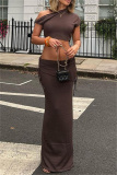 Sexy Sleeveless Oblique Collar Short Sleeve Belted Crop Top and Maxi Skirt Evening Party Two Piece Dress Set