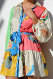 Graffiti Print Turndown Collar Long Sleeve Lace Up A Line Vacation Pleated Shirt Mini Dresses