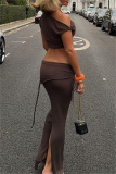 Sexy Sleeveless Oblique Collar Short Sleeve Belted Crop Top and Maxi Skirt Evening Party Two Piece Dress Set