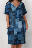 Casual Colorblock Print V Neck Short Sleeve Pocket Plus Size Vacation Straight Midi Dress