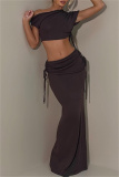 Sexy Sleeveless Oblique Collar Short Sleeve Belted Crop Top and Maxi Skirt Evening Party Two Piece Dress Set