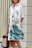 Graphic Print Turndown Collar Long Sleeve Shirt Official Lady Midi Dress