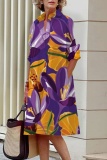 Graphic Print Turndown Collar Long Sleeve Shirt Official Lady Midi Dress