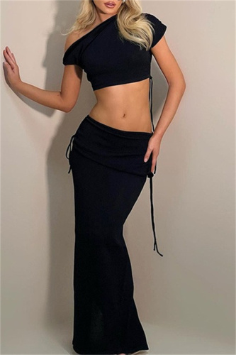 Sexy Sleeveless Oblique Collar Short Sleeve Belted Crop Top and Maxi Skirt Evening Party Two Piece Dress Set