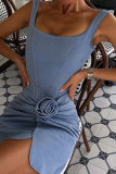Sleeveless U Neck Ruched Flowers Decor Bodycon Denim Mini Slip Dresses