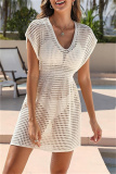 Deep V Neck Short Sleeve Hollow Out See-Through Slit Swimwears Vacation Beach Cover Up