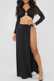 Sexy Off Shoulder Long Sleeve O Ring Decor Tube Crop Tops And Side Slit Maxi Skirt Vacation Two Pieces Dress Sets