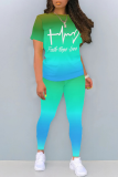 Casual Gradient Letter Print O Neck Short Sleeve T Shirt and Pant Set Sportwear Two Piece Tracksuit Set