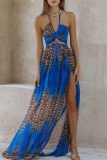 Sexy Leopard Print Sleeveless Backless Hollow Out Side Slit Belted Vacation Halter Chiffon Boho Maxi Swing Dresses