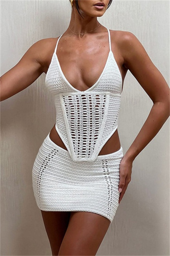 Crochet Sleeveless Backless Cross Straps Spaghetti Strap Hollow Out Beach Vacation Bikini Set Swimwear