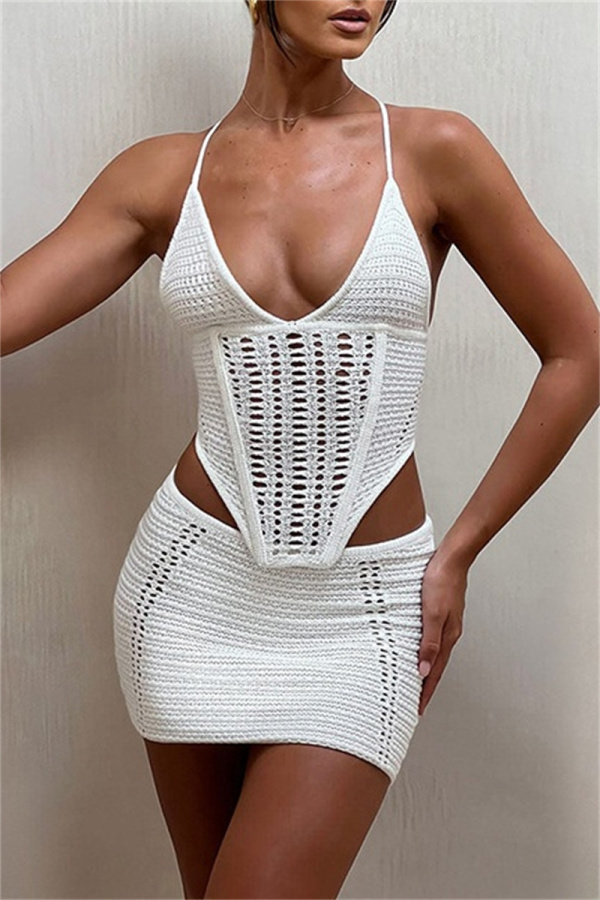 Crochet Sleeveless Backless Cross Straps Spaghetti Strap Hollow Out Beach Vacation Bikini Set Swimwear