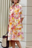 Graphic Print Turndown Collar Long Sleeve Shirt Official Lady Midi Dress