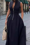Sleeveless V Neck Mandarin Pocket Zipper Collar Party Maxi Dresses