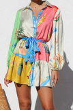 Graffiti Print Turndown Collar Long Sleeve Lace Up A Line Vacation Pleated Shirt Mini Dresses