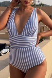 Sexy Striped Print Sleevelesss Backless Deep V Neck One Piece Swimwears (With Paddings)