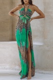 Sexy Leopard Print Sleeveless Backless Hollow Out Side Slit Belted Vacation Halter Chiffon Boho Maxi Swing Dresses