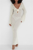 Knit Deep V Neck Long Sleeve Hollow Out See-Through Vacation Beach Maxi Dresses