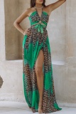 Sexy Leopard Print Sleeveless Backless Hollow Out Side Slit Belted Vacation Halter Chiffon Boho Maxi Swing Dresses