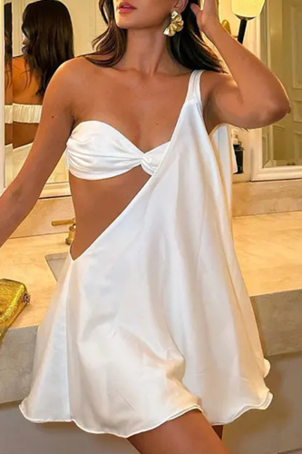 Sexy Backless Sleeveless Irregular Sloping Shoulder Vacation Beach Mini Bustier Dress