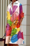 Graphic Print Turndown Collar Long Sleeve Shirt Official Lady Midi Dress