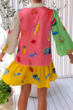 Graffiti Print Turndown Collar Long Sleeve Lace Up A Line Vacation Pleated Shirt Mini Dresses