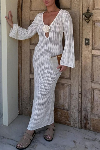 Knit Deep V Neck Long Sleeve Hollow Out See-Through Vacation Beach Maxi Dresses