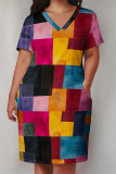 Casual Colorblock Print V Neck Short Sleeve Pocket Plus Size Vacation Straight Midi Dress