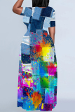 Casual Gradient Faux Denim PrintO Neck Short Sleeve Straignt T Shirt Maxi Dresses
