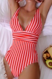 Sexy Striped Print Sleevelesss Backless Deep V Neck One Piece Swimwears (With Paddings)