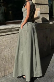 Sleeveless V Neck Mandarin Pocket Zipper Collar Party Maxi Dresses