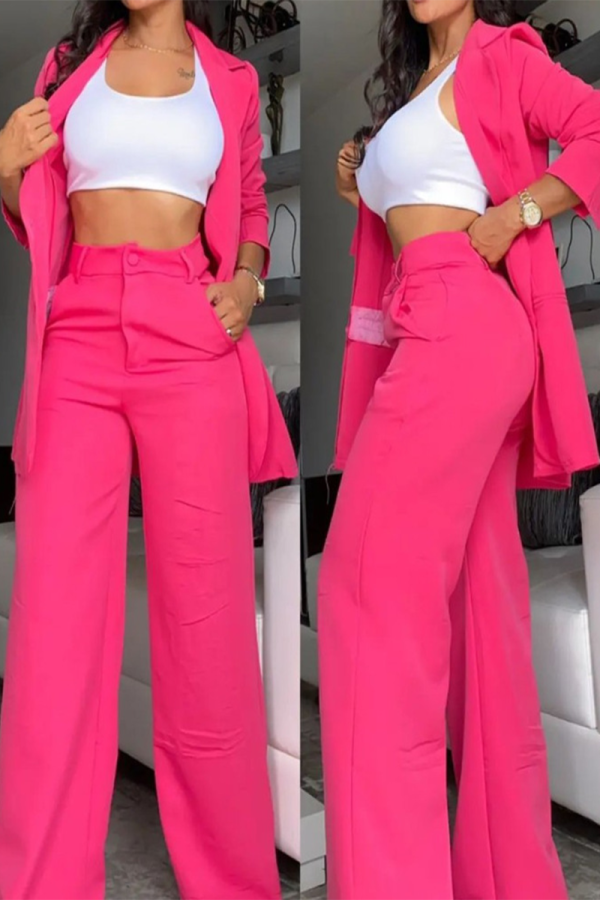 Formal Turn-back Collar Pocket Buttons Long Sleeve Blazer and Pant Set Office Lady Women Suit Set