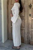 Knit Deep V Neck Long Sleeve Hollow Out See-Through Vacation Beach Maxi Dresses
