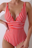 Sexy Striped Print Sleevelesss Backless Deep V Neck One Piece Swimwears (With Paddings)