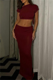 Sexy Sleeveless Oblique Collar Short Sleeve Belted Crop Top and Maxi Skirt Evening Party Two Piece Dress Set