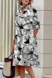 Graphic Print Turndown Collar Long Sleeve Shirt Official Lady Midi Dress