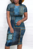 Casual Pattern Print O Neck Straignt Denim Midi Dresses
