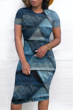 Casual Pattern Print O Neck Straignt Denim Midi Dresses