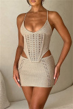 Crochet Sleeveless Backless Cross Straps Spaghetti Strap Hollow Out Beach Vacation Bikini Set Swimwear