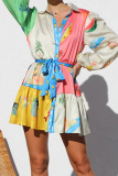Graffiti Print Turndown Collar Long Sleeve Lace Up A Line Vacation Pleated Shirt Mini Dresses