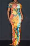 Casual Graphics Print Off Shoulder Side Slit Long Formal Party Evening Bodycon Maxi Dresses