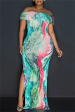 Casual Graphics Print Off Shoulder Side Slit Long Formal Party Evening Bodycon Maxi Dresses