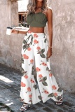 Casual Graphics Print Spaghetti Strap Sleeveless Vests Crop Tops And Wide Leg Pants Vacation Two Pieces Trouser Set