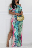 Casual Graphics Print Off Shoulder Side Slit Long Formal Party Evening Bodycon Maxi Dresses