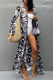 Casual Graphics Print Long Cardigan Belted Vacation Beach Swimwears Cover Up