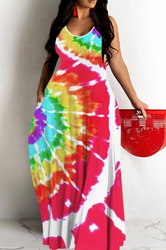 Sleeveless Graphics Print Backless Spaghetti Strap Floor Length Long Baggy Vacation Maxi Slip Dresses