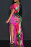 Casual Graphics Print Off Shoulder Side Slit Long Formal Party Evening Bodycon Maxi Dresses