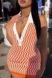 Casual Stripe Print Backless Sleeveless Vacation Halter Bodycon Mini Dresses