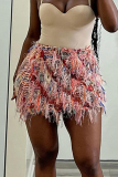 Street Fringed Trim Regular Mid Waist Party Evening Kinnted Feather Mini Skirt